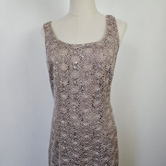 R&M Richards Sequined Lace Sheath‎ Midi Dress 14 Beige Mocha Mother Of The Bride - Picture 4 of 13